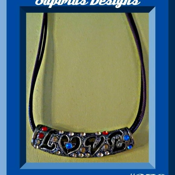 Antique "Love" Design Necklace With Colorful Rhinestones & Brown Leather Chain - Picture 1 of 1